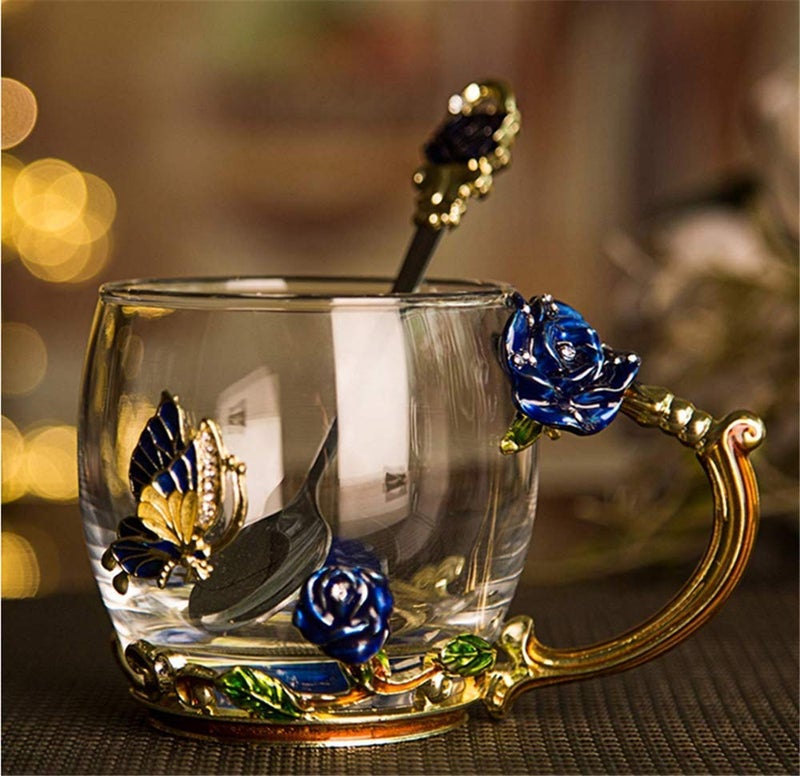 Luka Tech Enamels Butterfly flower Lead-free Glass Coffee Mugs Tea Cup with Steel Spoon, personalised Gifts For Women Wife Mom Friends Birthday Mothers Valentines Day Wedding (Blue) - Image 2